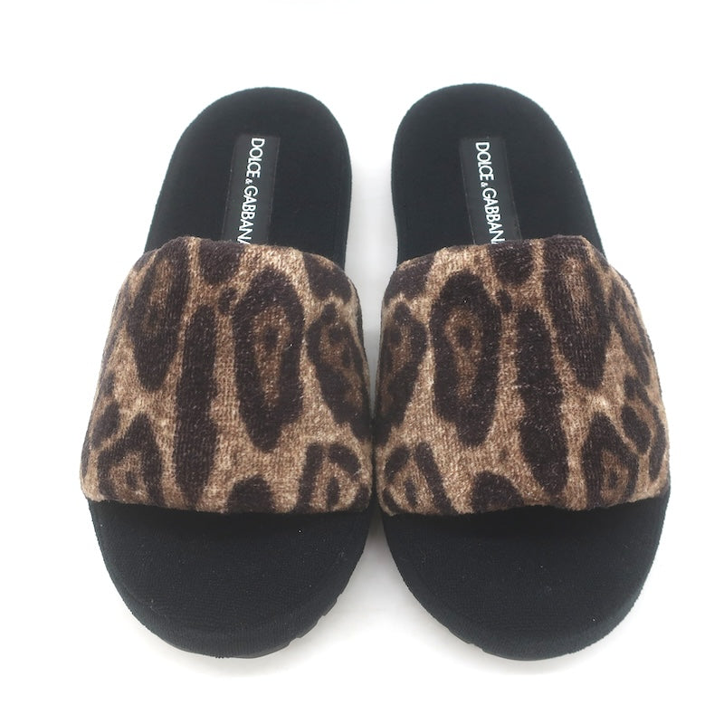 Dolce &amp; Gabbana Leopard Print Padded Terry Slipper Sandals Brown/Black Size 36
