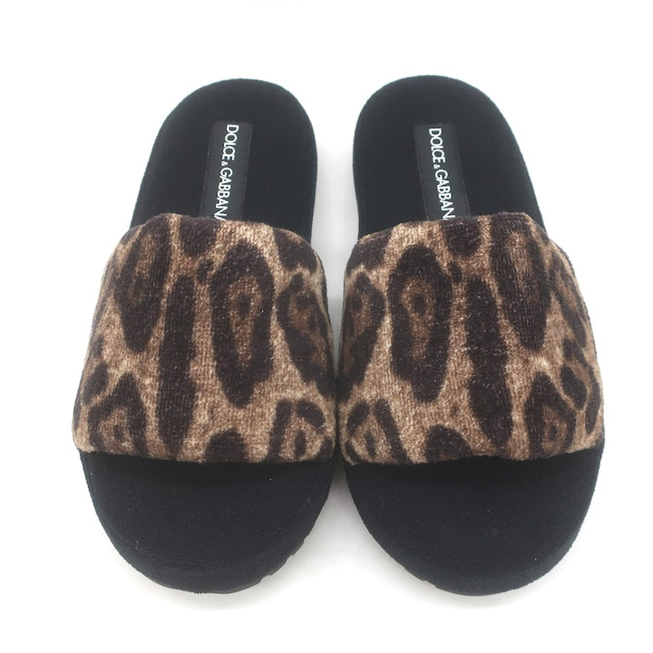 Dolce &amp; Gabbana Leopard Print Padded Terry Slipper Sandals Brown/Black Size 36