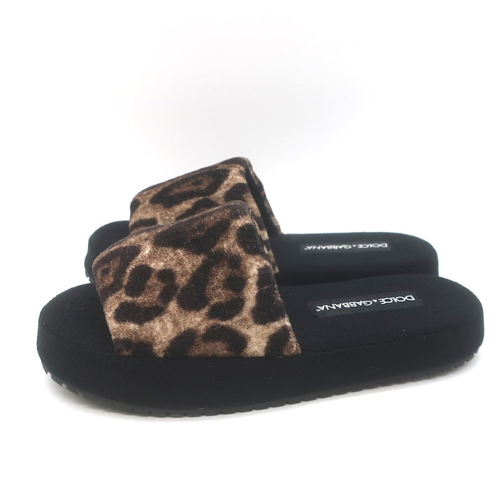 Dolce &amp; Gabbana Leopard Print Padded Terry Slipper Sandals Brown/Black Size 36