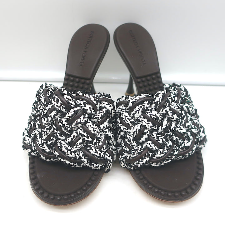 Bottega Veneta Lido Intrecciato Fabric &amp; Leather Mules Dark Brown/White Size 39