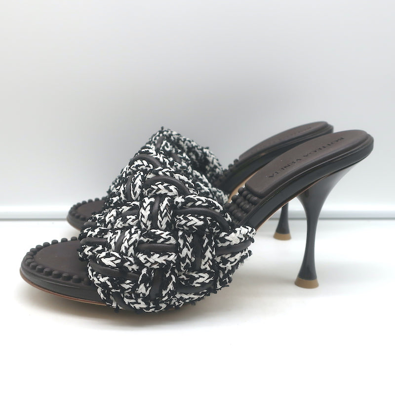 Bottega Veneta Lido Intrecciato Fabric &amp; Leather Mules Dark Brown/White Size 39