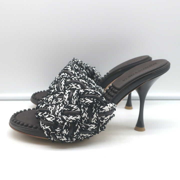 Bottega Veneta Lido Intrecciato Fabric &amp; Leather Mules Dark Brown/White Size 39