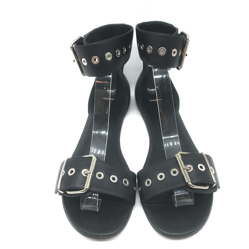 Balenciaga Buckled Ankle Strap Flat Sandals Black Leather Size 40.5