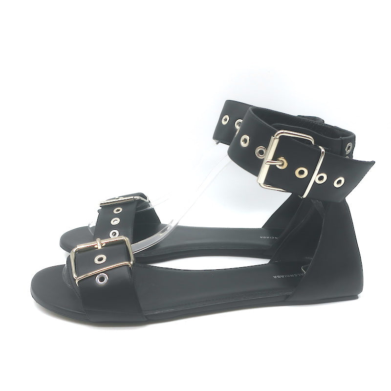 Balenciaga Buckled Ankle Strap Flat Sandals Black Leather Size 40.5