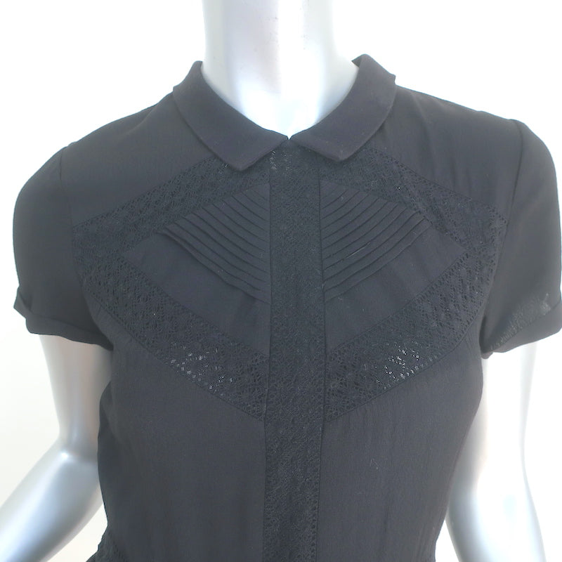 Maje Collared Mini Dress Black Lace-Trimmed Crepe Size 1