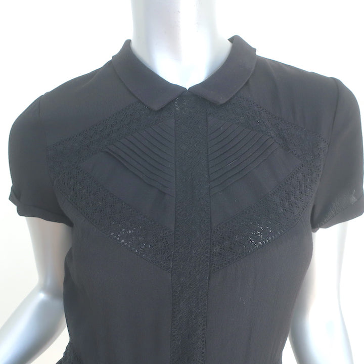 Maje Collared Mini Dress Black Lace-Trimmed Crepe Size 1