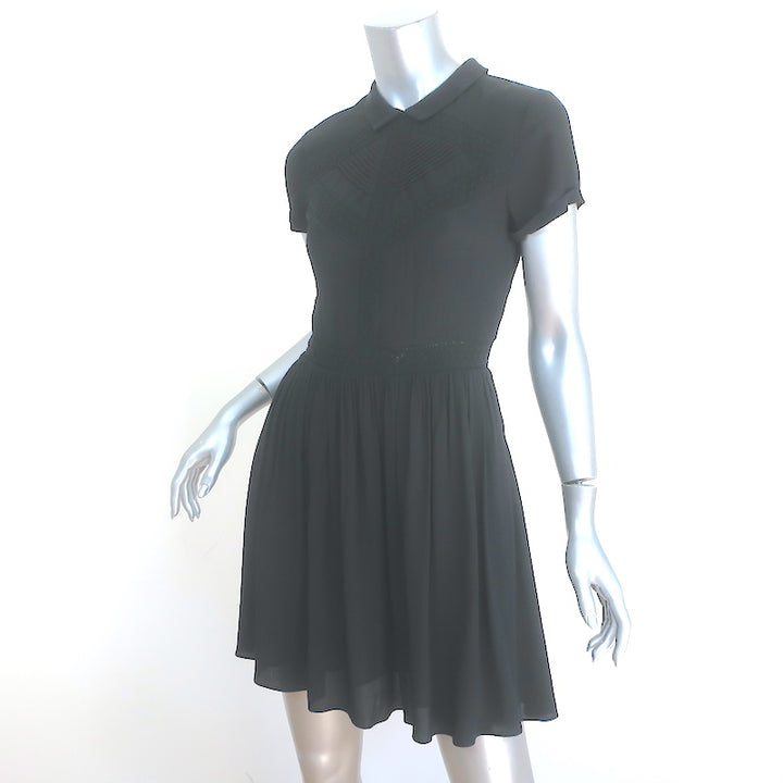 Maje Collared Mini Dress Black Lace-Trimmed Crepe Size 1