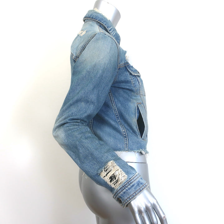 Veronica Beard Cara Distressed Denim Jacket Blue Cotton Size Small