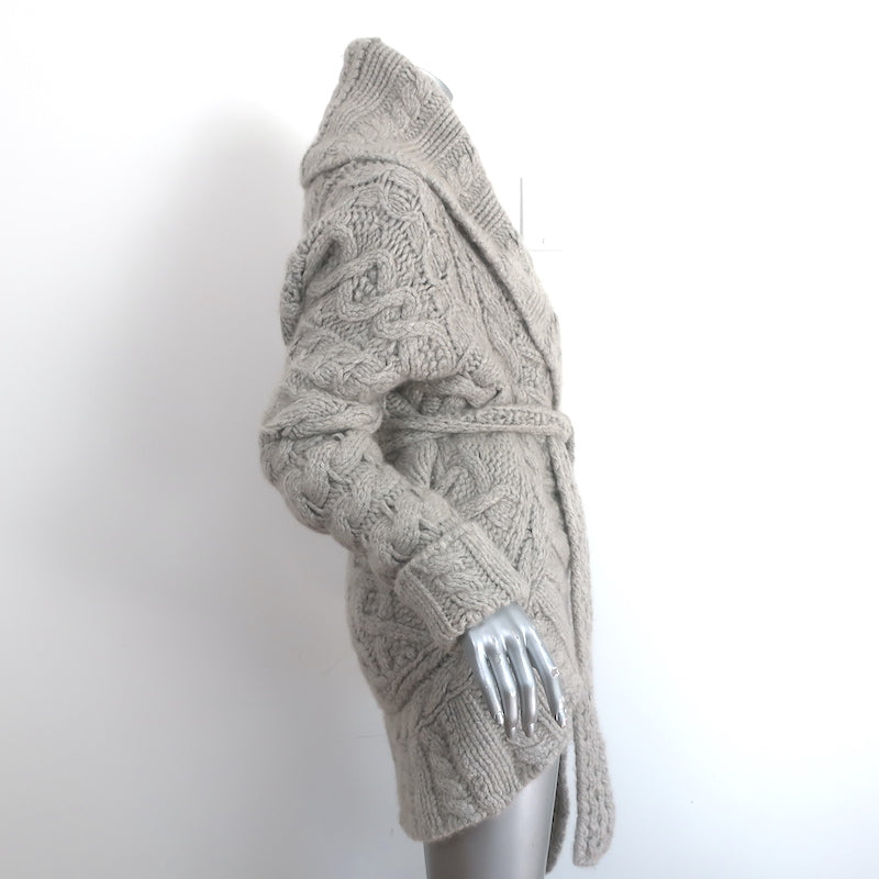 Agnona Cashmere Circle Cardigan Light Gray Cable Knit Size 40 Belted Sweater