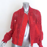 Sacai red organza bomber jacket with paisley lace embroidery, size 2, authentic pre-owned and gently worn.