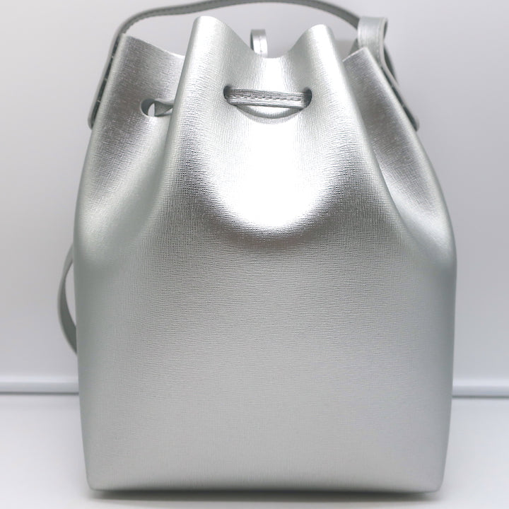 Mansur Gavriel Mini Bucket Bag Silver Metallic Textured Leather Crossbody NEW