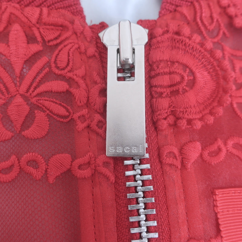 Sacai red paisley lace-embroidered organza bomber jacket, size 2, authentic pre-owned luxury, gently worn.