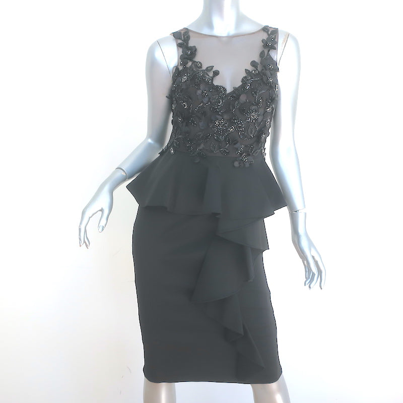 Marchesa Notte Floral Beaded Peplum Dress Black Ruffled Crepe Size 0 N Celebrity Owned Marchesa Notte Floral Beaded Peplum Dress Black Ruffled Crepe Size 0 N Celebrity Owned