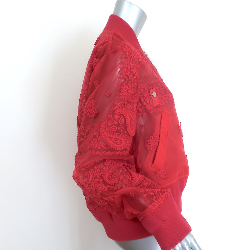 Sacai red paisley lace-embroidered organza bomber jacket, authentic pre-owned luxury, gently worn