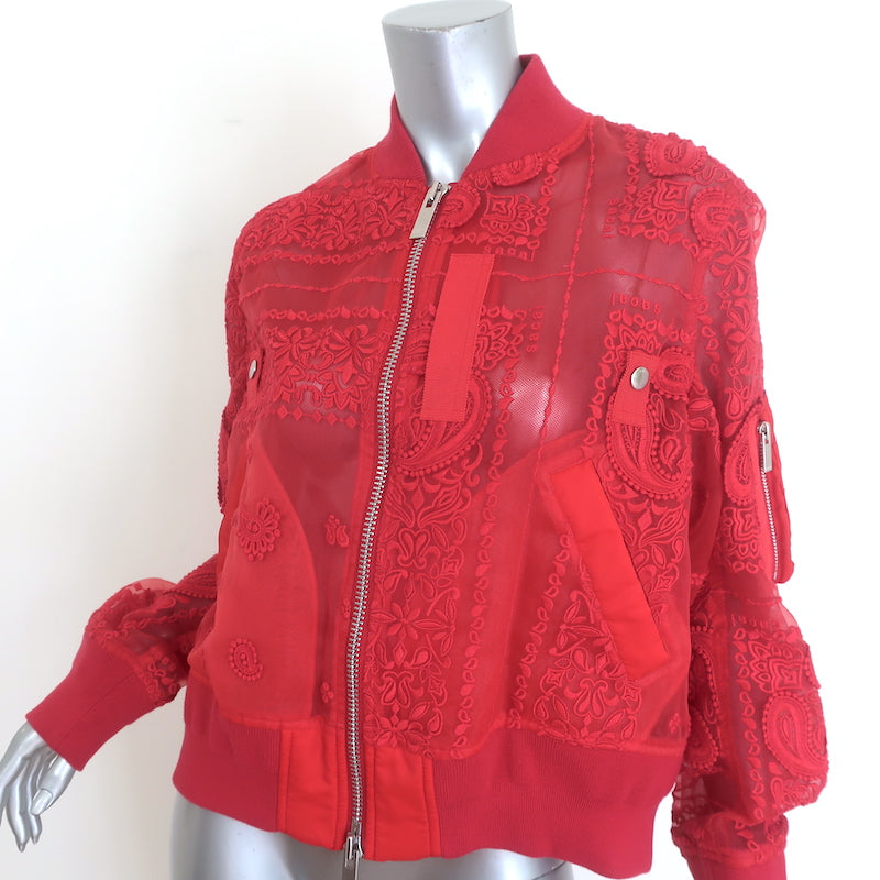Authentic pre-owned Sacai red organza bomber jacket with paisley lace embroidery, size 2