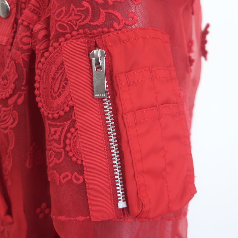 Sacai red organza bomber jacket with paisley lace embroidery, size 2 — authentic pre-owned luxury, gently worn