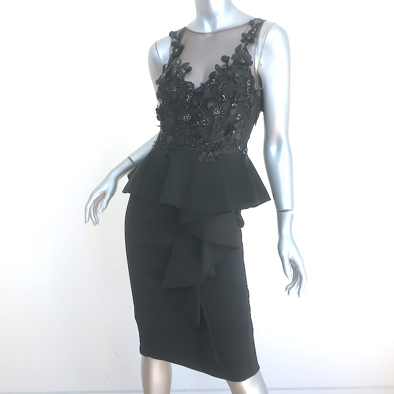 Marchesa Notte Floral Beaded Peplum Dress Black Ruffled Crepe Size 0 NEW