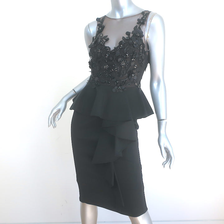 Marchesa Notte Floral Beaded Peplum Dress Black Ruffled Crepe Size 0 NEW