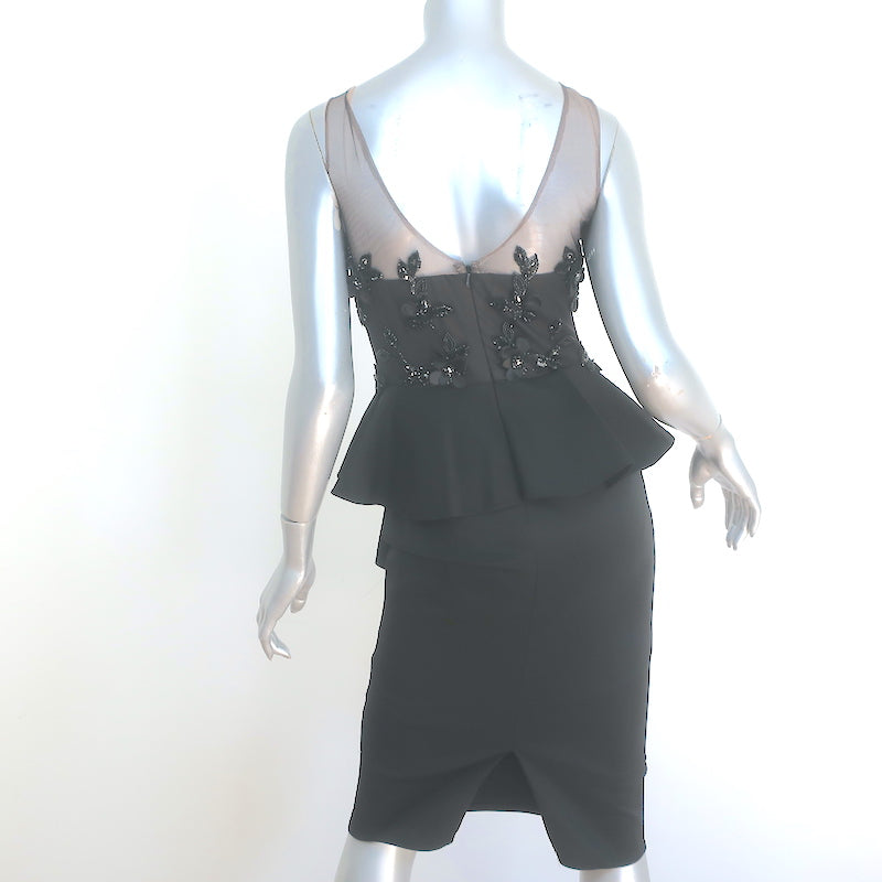 Marchesa Notte Floral Beaded Peplum Dress Black Ruffled Crepe Size 0 NEW