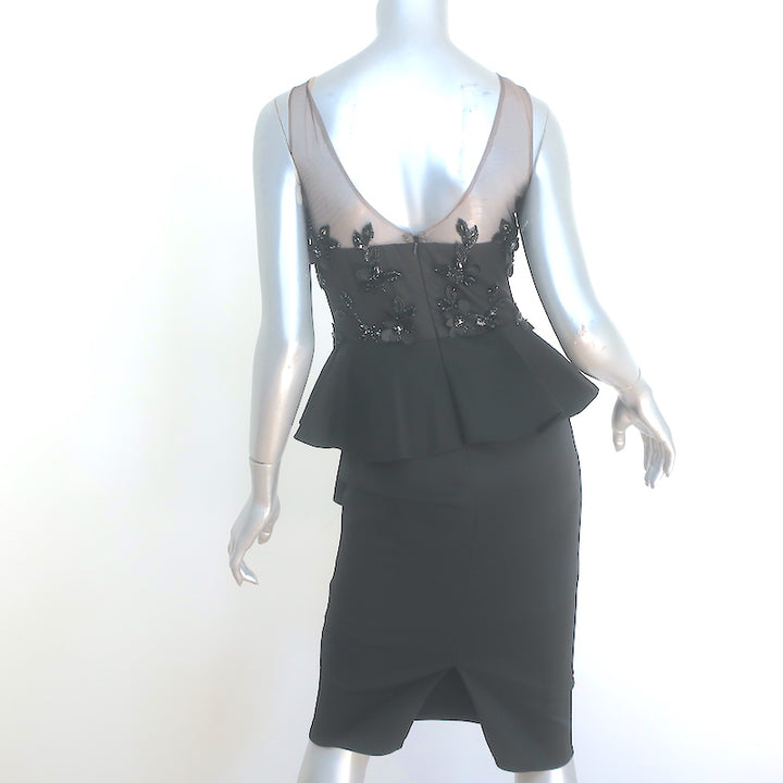 Marchesa Notte Floral Beaded Peplum Dress Black Ruffled Crepe Size 0 NEW