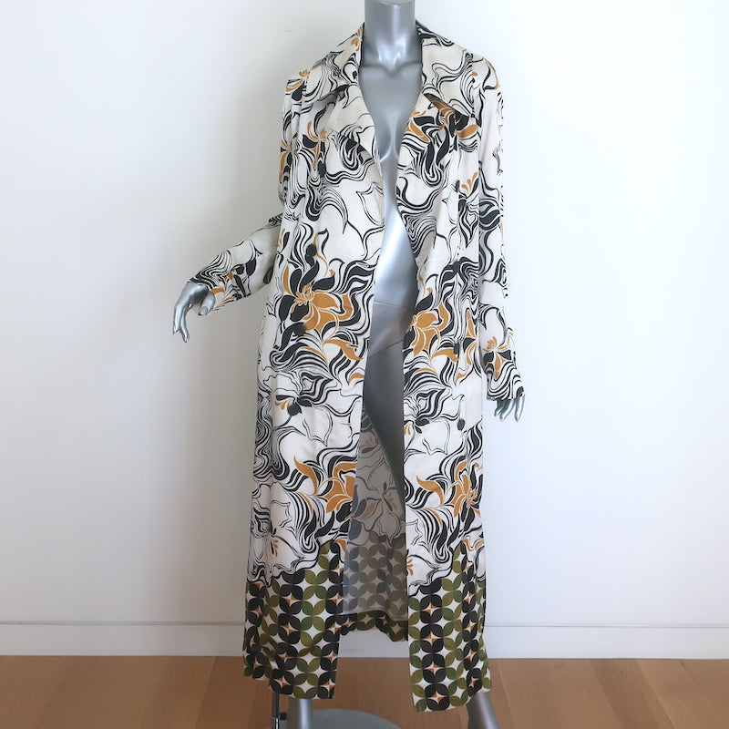 Dries Van Noten Rolana belted trench coat in cream satin with abstract print, size 34, gently pre-owned