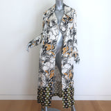 Dries Van Noten Rolana belted trench coat in cream satin with abstract print, size 34, gently pre-owned