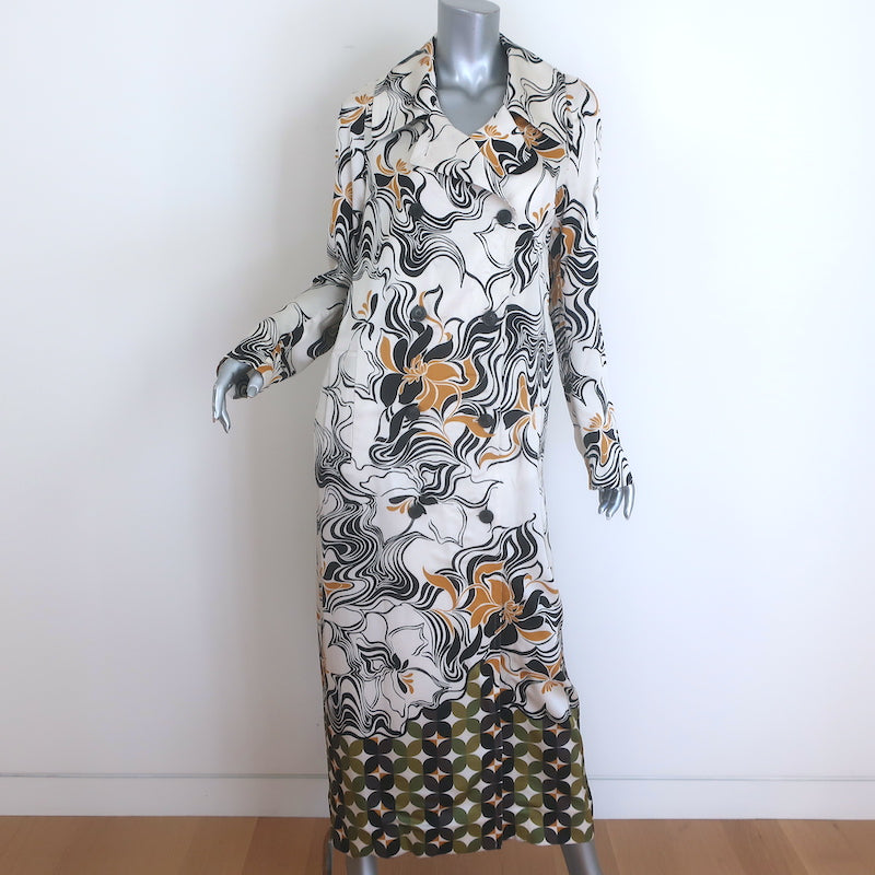 Authentic Dries Van Noten Rolana belted trench coat in cream satin with abstract print, gently pre-owned