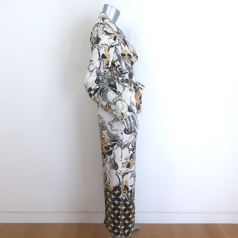 Dries Van Noten Rolana belted trench coat in cream satin with abstract print, authentic pre-owned, gently worn luxury piece.
