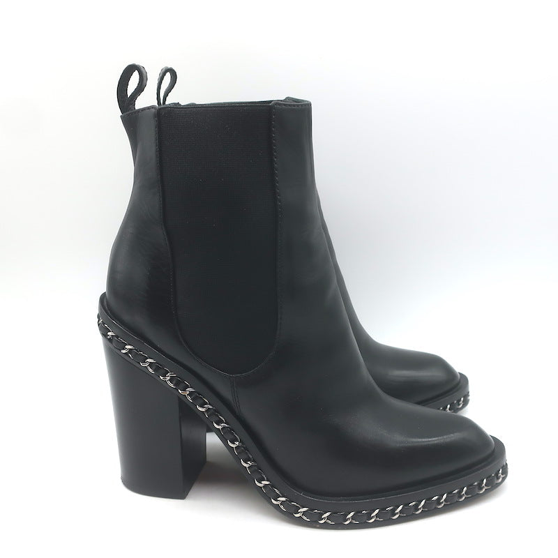 Chanel Chain-Trimmed High Heel Chelsea Boots Black Leather Size 39