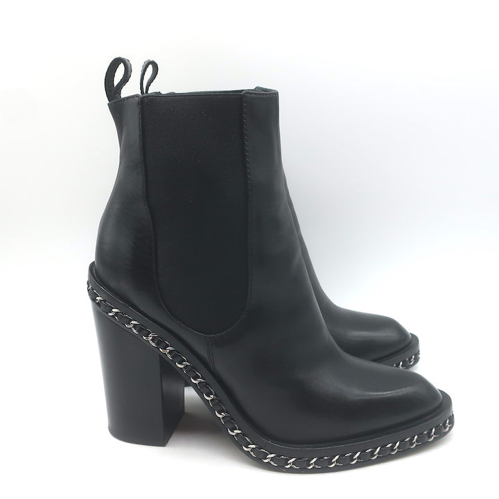 Chanel Chain-Trimmed High Heel Chelsea Boots Black Leather Size 39