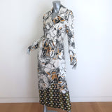 Dries Van Noten Rolana belted trench coat in cream satin with abstract print — pre-owned, gently worn