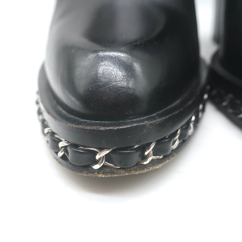 Chanel Chain-Trimmed High Heel Chelsea Boots Black Leather Size 39