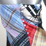 GANNI Patchwork Slip Dress Multicolor Check Print Stretch Satin Size Small
