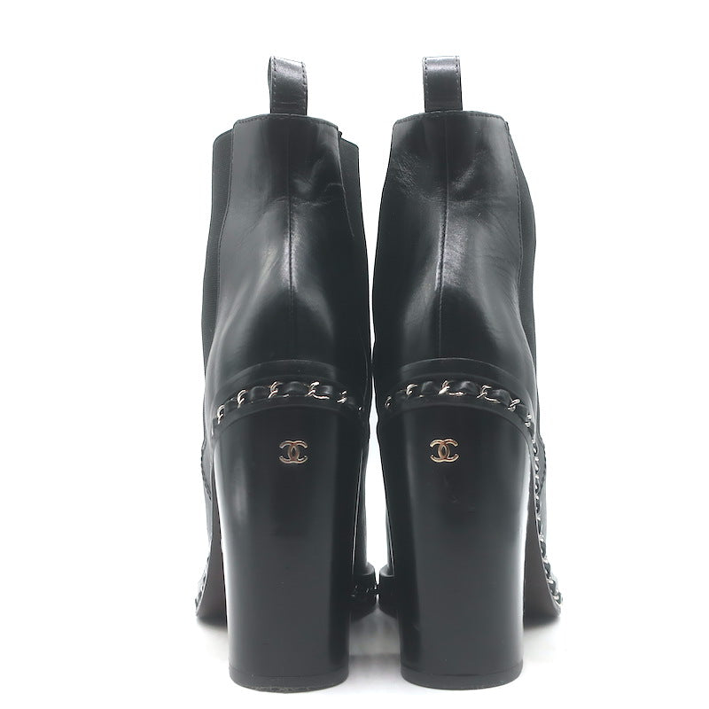 Chanel Chain-Trimmed High Heel Chelsea Boots Black Leather Size 39