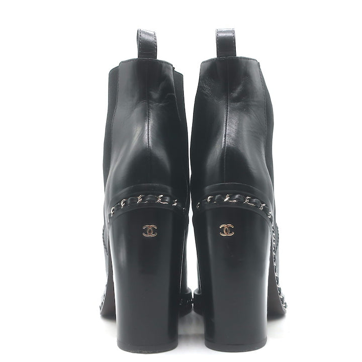 Chanel Chain-Trimmed High Heel Chelsea Boots Black Leather Size 39