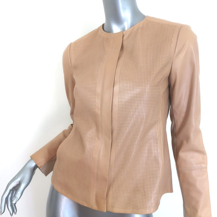 Authentic Vince engineered perforated leather jacket in beige, pre-owned luxury women&