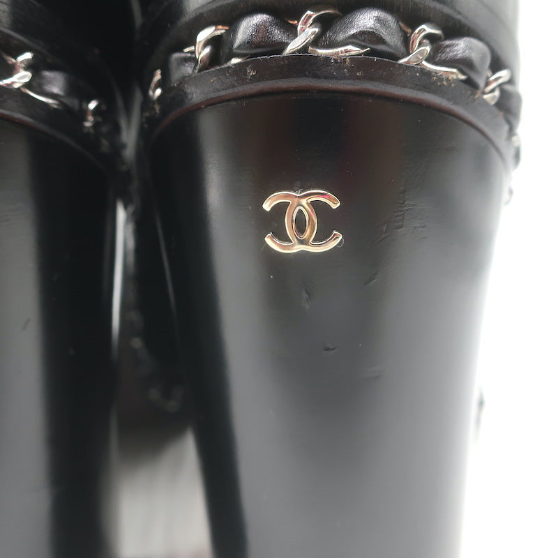 Chanel Chain-Trimmed High Heel Chelsea Boots Black Leather Size 39