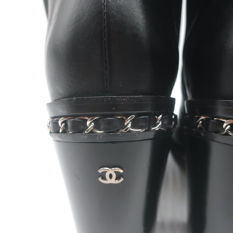 Chanel Chain-Trimmed High Heel Chelsea Boots Black Leather Size 39