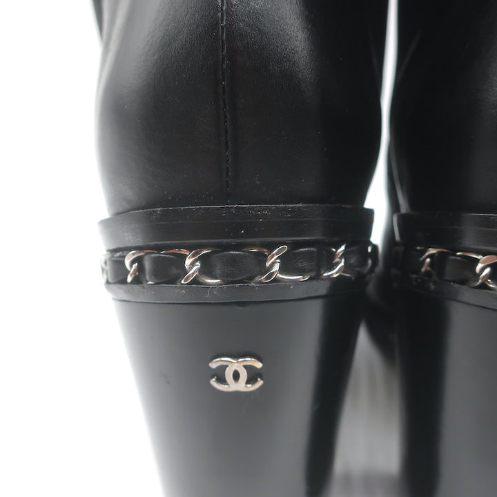 Chanel Chain-Trimmed High Heel Chelsea Boots Black Leather Size 39