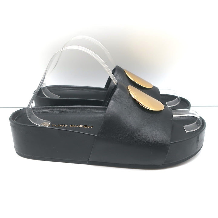 Tory Burch Patos Platform Slide Sandals Black Leather Size 10.5