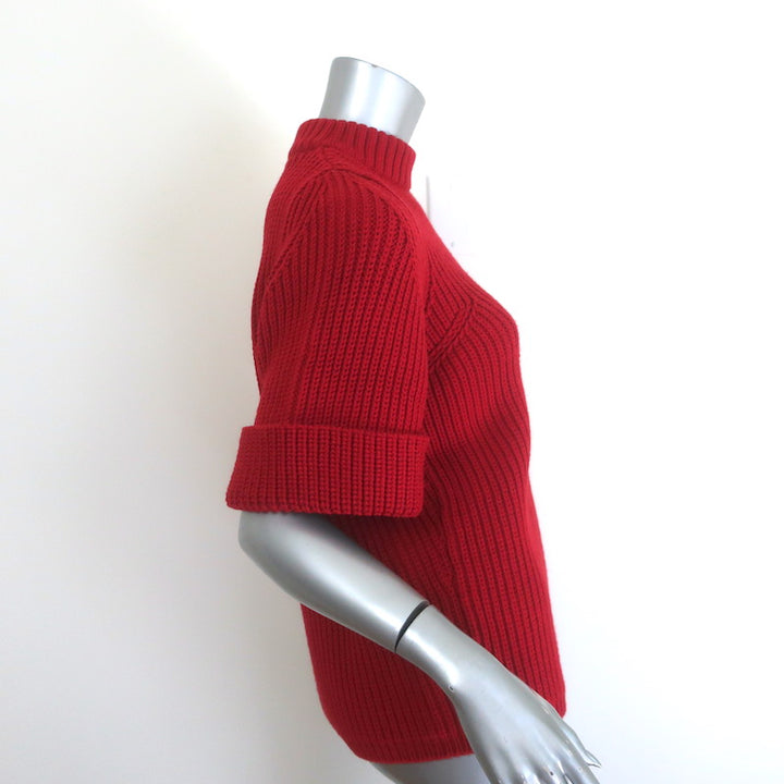 Chloe Ribbed Knit Short Sleeve Sweater Red Merino Wool Size Medium