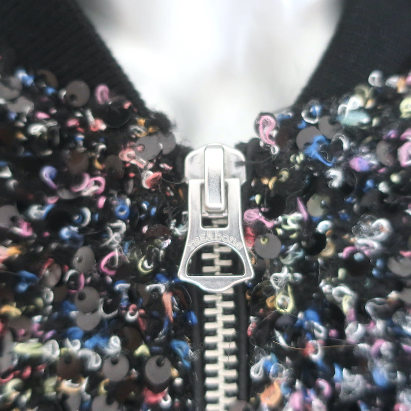 Rag &amp; Bone Samira sequin bomber jacket in black/multi boucle tweed, pre-owned and gently worn luxury piece