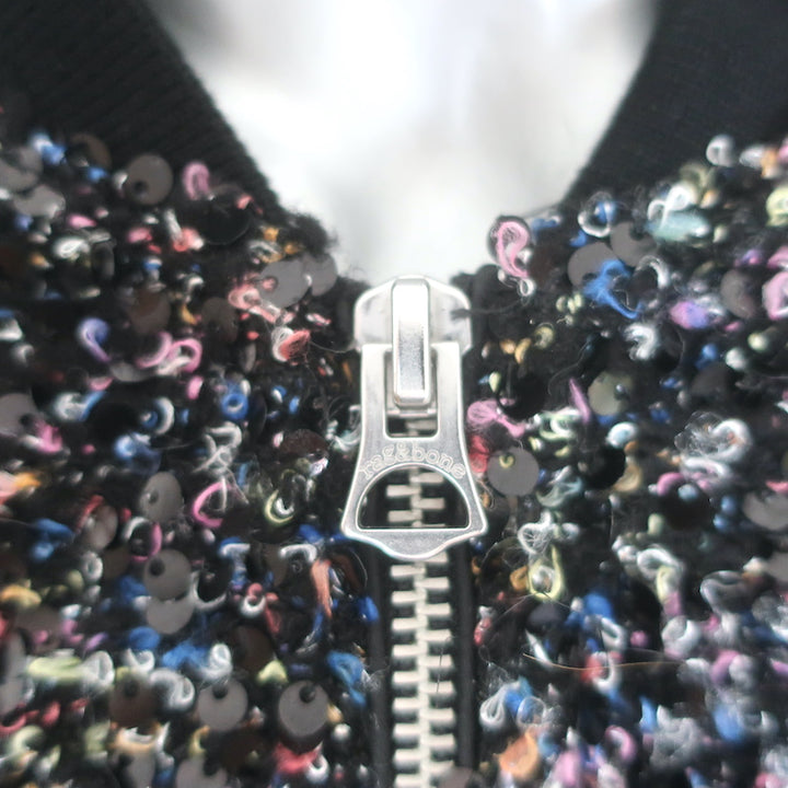 Rag &amp; Bone Samira sequin bomber jacket in black/multi boucle tweed, pre-owned and gently worn luxury piece