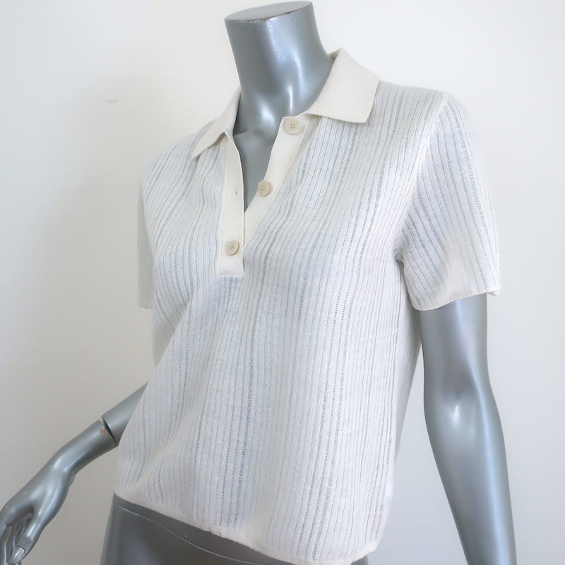 Theory Cropped Polo Bone Linen Knit Size Small Short Sleeve Top NEW