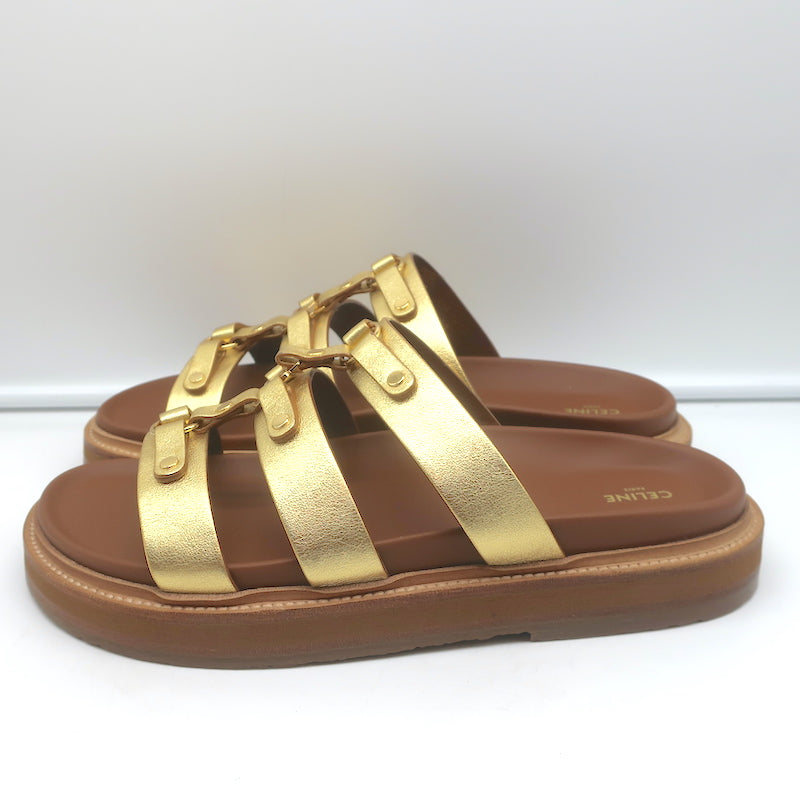 Celine Tippi Triomphe Slide Sandals Gold Metallic Leather Size 40 NEW
