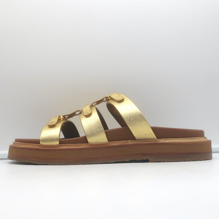 Celine Tippi Triomphe Slide Sandals Gold Metallic Leather Size 40 NEW