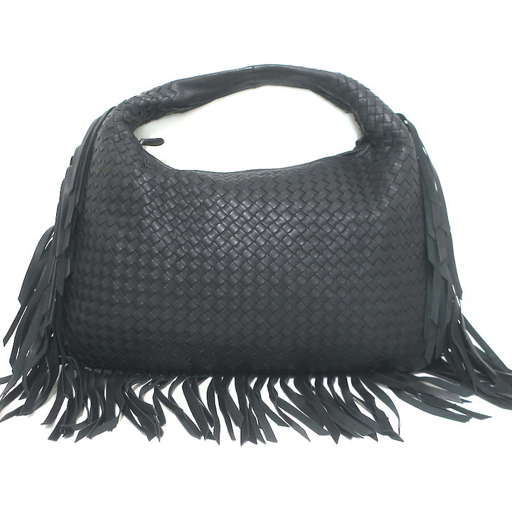 Bottega Veneta Large Veneta Fringed Hobo Black Intrecciato Leather Shoulder Bag