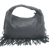 Bottega Veneta Large Veneta Fringed Hobo Black Intrecciato Leather Shoulder Bag