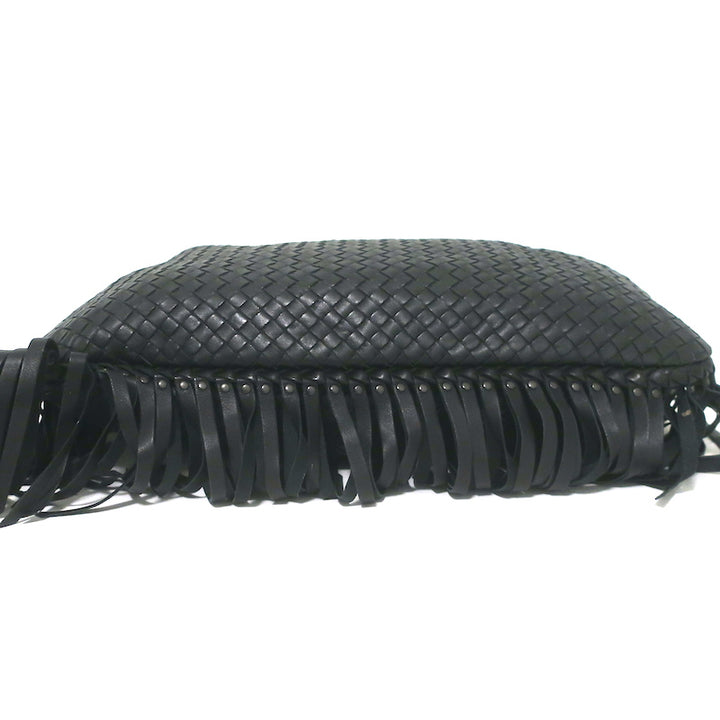 Bottega Veneta Large Veneta Fringed Hobo Black Intrecciato Leather Shoulder Bag