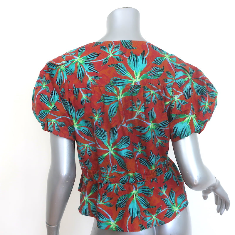 Ulla Johnson Mila puff-sleeve peplum top in rust floral poplin, authentic pre-owned, gently worn, size 2